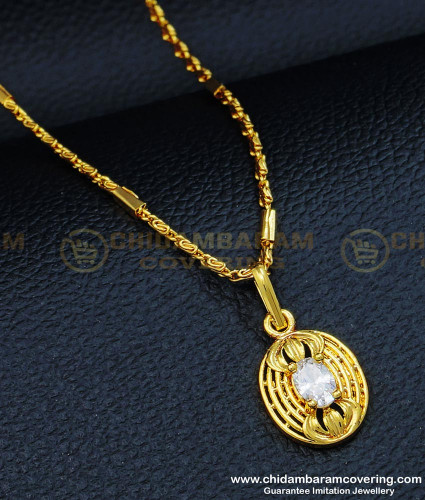 SCHN321 - Beautiful Gold Design Single White Stone Pendant with Chain Pure Gold Plated Jewellery