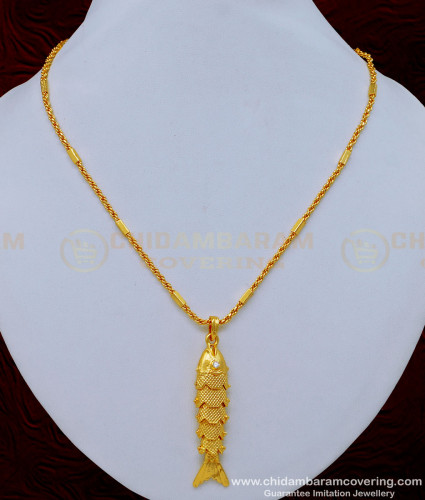 SCHN393 - 1 Gram Gold White Stone Big Size Male Gold Fish Dollar Design with Chain