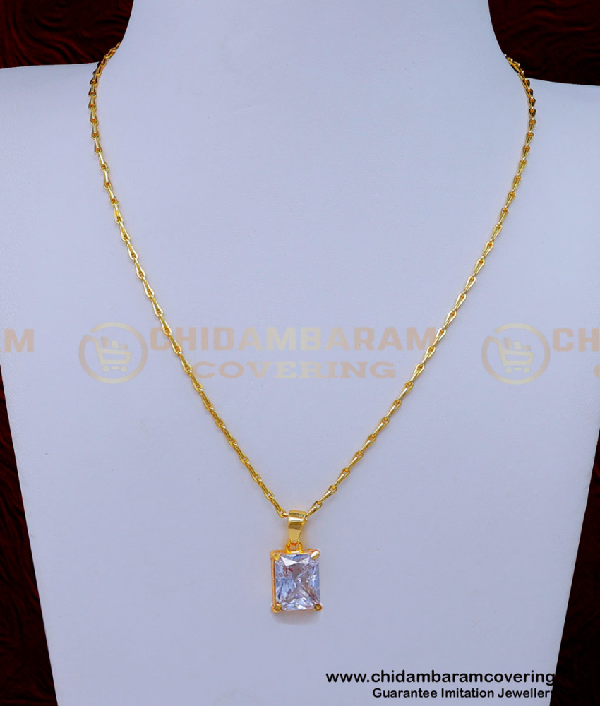 gold plated chain with guarantee, white stone pendant designs, chain and white stone pendant, white stone necklace, single stone pennant chain small chain with pendant