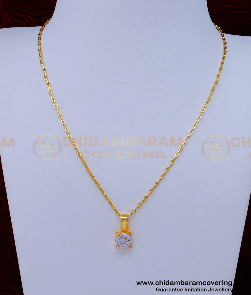 gold plated chain with guarantee, white stone pendant designs, chain and white stone pendant, white stone necklace, single stone pennant chain small chain with pendant