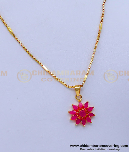 SCHN462 - Elegant Ruby Stone Flower Design Pendant with Gold Chain 