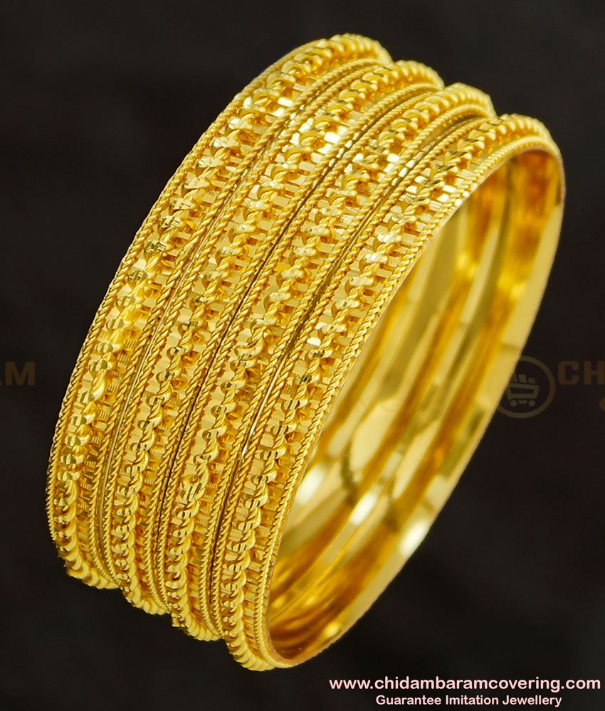 BNG274 - 2.4 Size Latest Bridal Wear Spiral Design Gold Finish Designer 4 Bangles Set Online