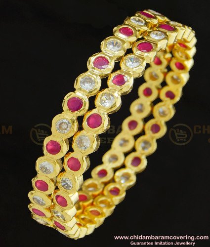 BNG280 - 2.4 Size Impon Bangles Stunning Gold First Quality Red and White Stone Five Metal Bangles Online