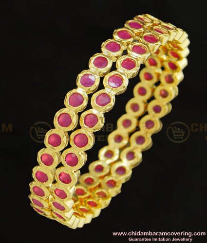 BNG281 - 2.10 Size Traditional Impon First Quality Full Ruby Stone Gold Bangles Design Panchaloha Bangles Online