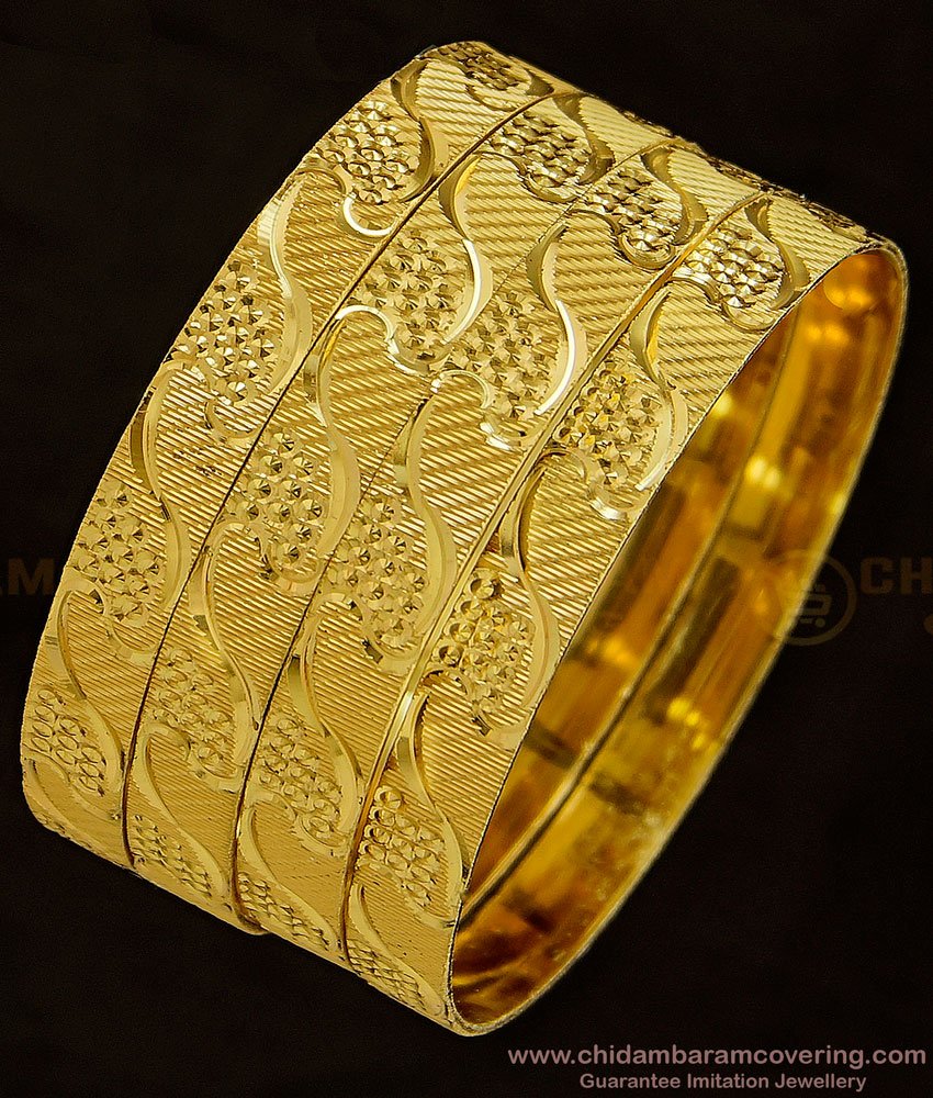 BNG353 - 2.10 Size Latest Gold Bangles Designs Self Design Broad Flat Bangles Set Of 4 Bangles  