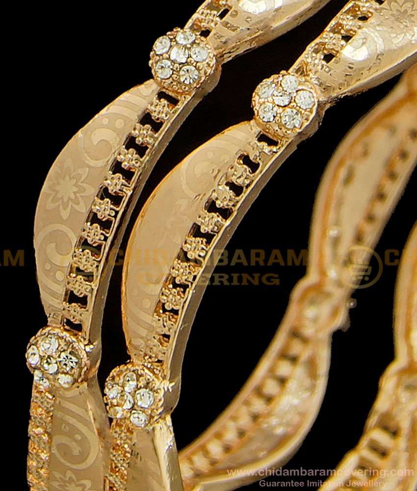 BNG376 - 2.6 Size Beautiful Party Wear Rose Gold Finish White Stone Fancy Bangles Imitation Jewellery