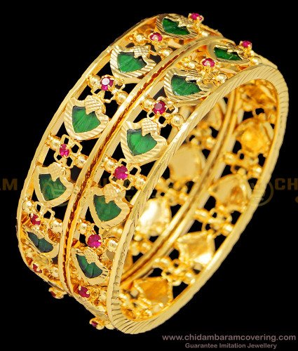 BNG398 - 2.8 Size Traditional Palakka Bangles Gold Plated Beautiful Green Palakka Bangles Online