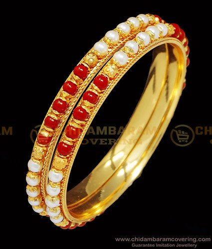 BNG401 - 2.6 Size Colorful Pearl and Red Coral Bangles One Gram Gold Plated Indian Beads Bangles Online