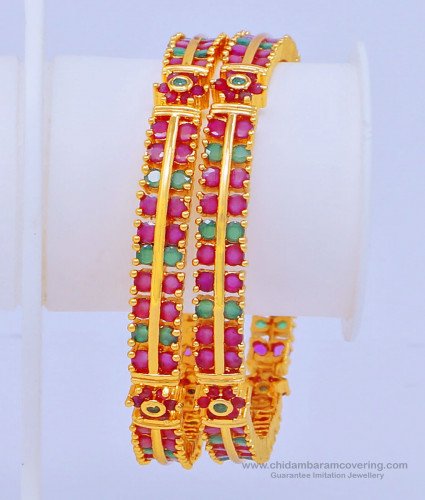 BNG448 - 2.6 Size New Arrival Beautiful First Quality One Gram Gold Ruby Emerald Wedding Bangles 