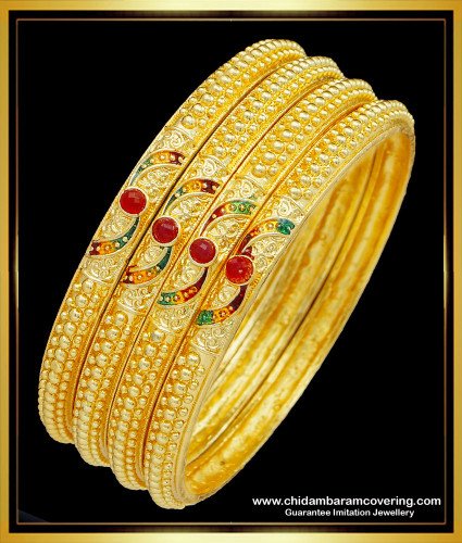 BNG511 - 2.6 Size Buy Bridal Wear Hand Red Stone Gold Forming Bangles 4 Pieces Set Best Price