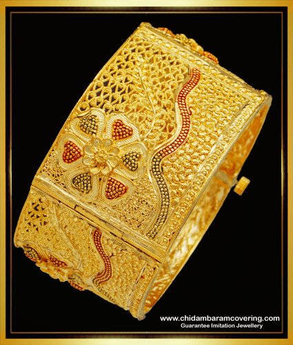 BNG527 -2.6 Size Bridal Wear Forming Gold Enamel Flower Design Screw Kada Wide Bangle Online 