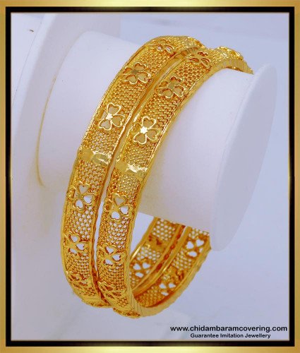 BNG548 - 2.4 Size Latest Collection Gold Plated Flower Pattern Gold Bangles Design Online