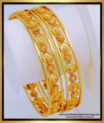 BNG579 - 2.4 Size New Gold Model Bangles Collection Flower Design 1 Gram Gold Bangles Buy Online