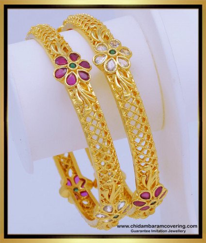 BNG604 - 2.4 Size Beautiful New Model White and Ruby Stone Flower Design Thick Gold Bangles