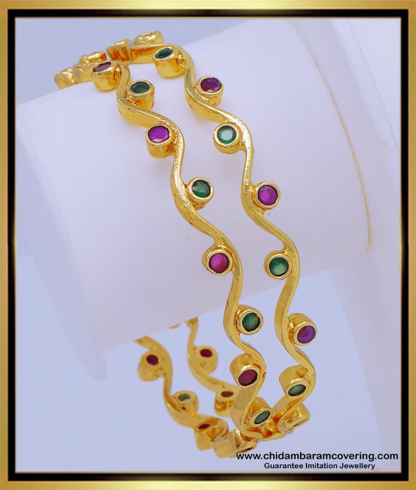 BNG605 - 2.6 Size Unique One Gram Gold Ruby Emerald Stone Thin Curvy Bangles for Girls