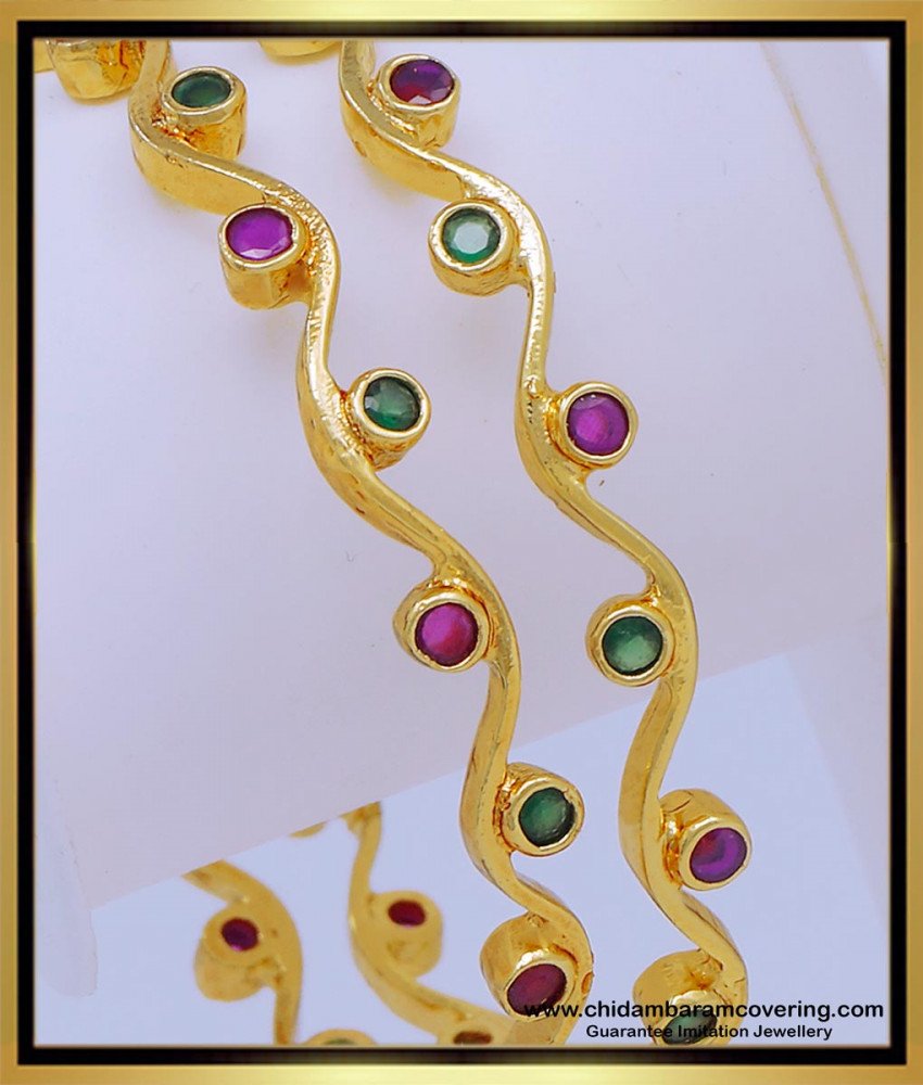 BNG605 - 2.6 Size Unique One Gram Gold Ruby Emerald Stone Thin Curvy Bangles for Girls