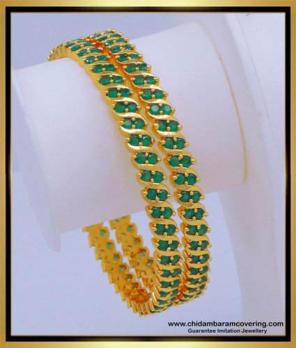 BNG607 - 2.6 Size Elegant Green Stone Emerald Bangles Gold Designs for Women  