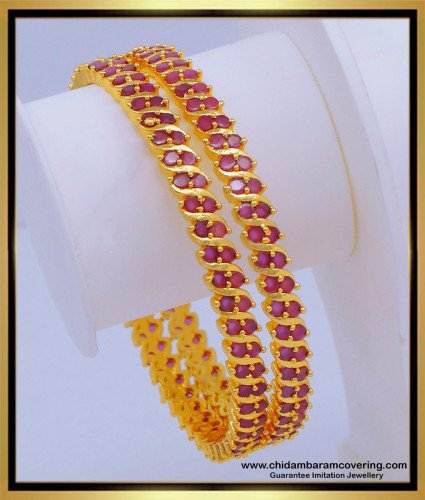 BNG608 - 2.8 Size Latest Pink Stone Ruby Bangles Women Gold Bangles Design Online