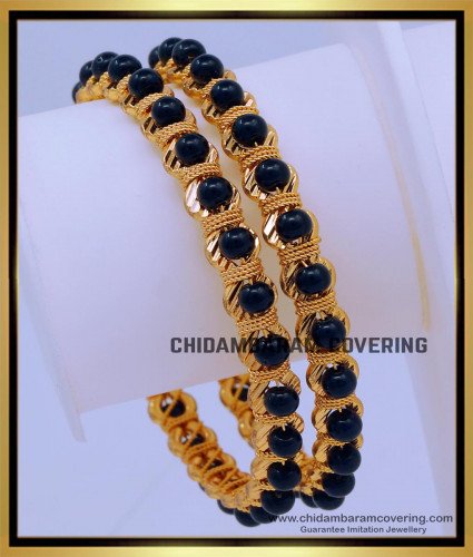 BNG683 - 2.4 Size One Gram Gold Plated Black Beads Bangles Design