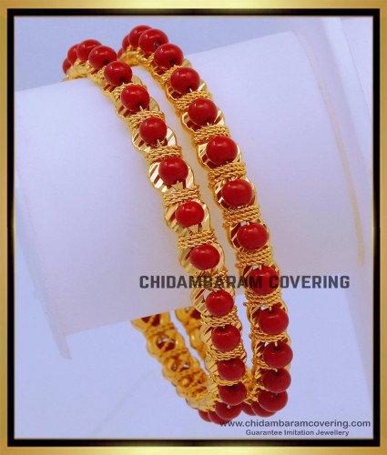 BNG684 - 2.6 Size Traditional Red Coral Gold Bangles Design for Women