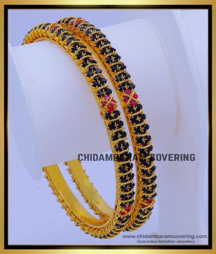 BNG718 - 2.8 Size First Quality Gold Plated Black Ad Stone Bangles Design