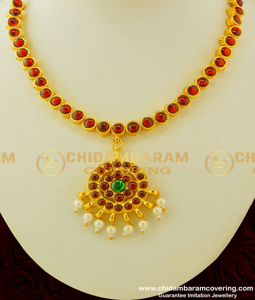 BNS07 - Temple Necklace Maroon and Green with Pearl Necklace Traditional Indian Jewellery Buy Online