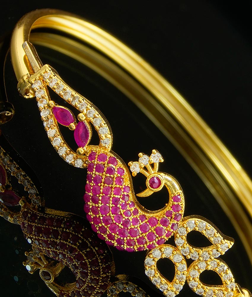 BCT130 - 2.6 New Fashion Gold Covering White and Ruby Stone Peacock Gold Kada Design Openable Bracelet 