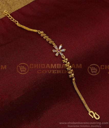 BCT330 - Trendy White and Ruby Stone Flower Model Gold Bracelet Design for Ladies 