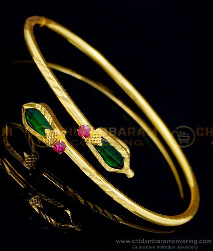 BCT341 - 2.6 size One Ram Gold Plated Open Type Green Nagapadam Bracelet Design Online