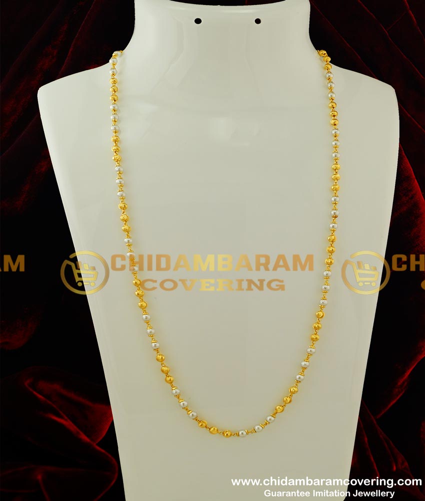 CHN072 - Traditional One Gram Gold Pearl Chain (Pearl Mala) Designs Best Price Online
