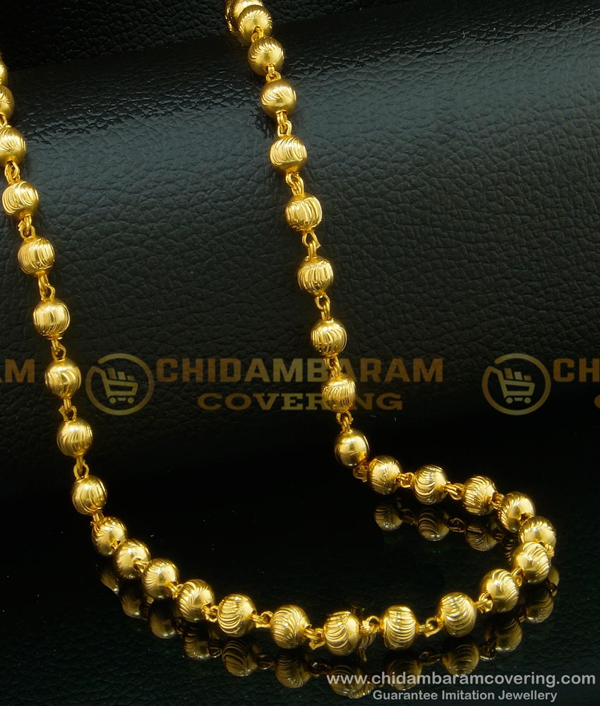 CHN122-XLG - 36 Inches Long Traditional Light Weight Gold Balls C Cutting Gold Plated South Indian Chain Design Online