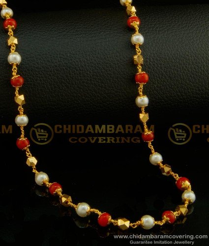 CHN137 - Coral Pearl Mala One Gram Gold Daily Wear Red Coral Pearl Chain Online