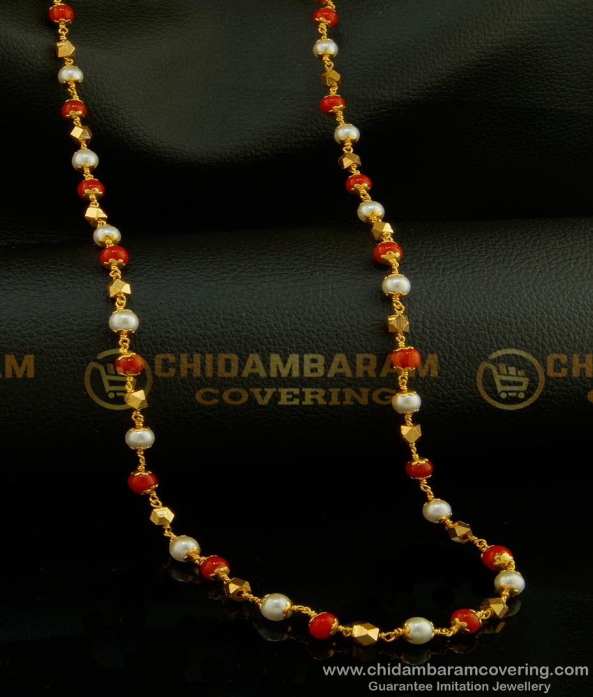 CHN137 - Coral Pearl Mala One Gram Gold Daily Wear Red Coral Pearl Chain Online