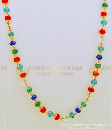 CHN155 - Navaratna Chain Gold Plated Single Line Multi Colour Navaratna Crystal Mala Design 