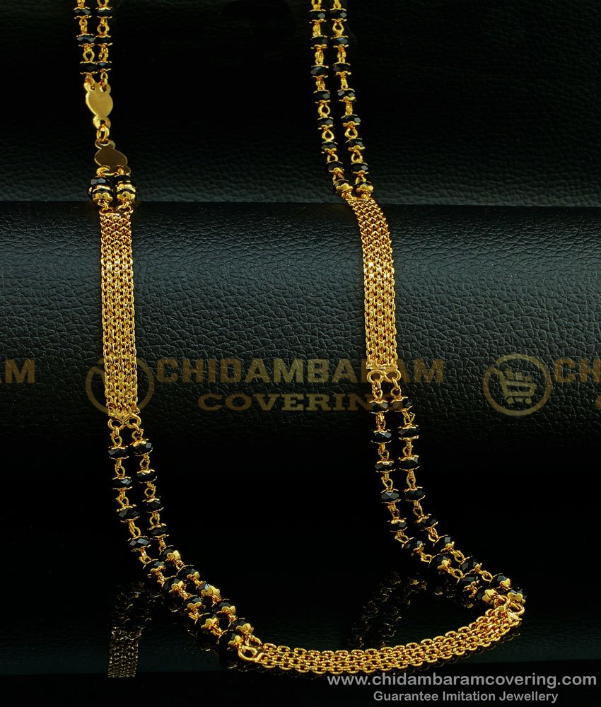 CHN196 - Stunning Gold Two Line Black Crystal with One Gold Chain Mangalsutra Chain Online 