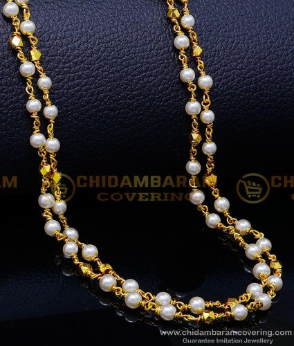 CHN313 - Real Gold Look White Pearl with Gold Beads Double Line Chain