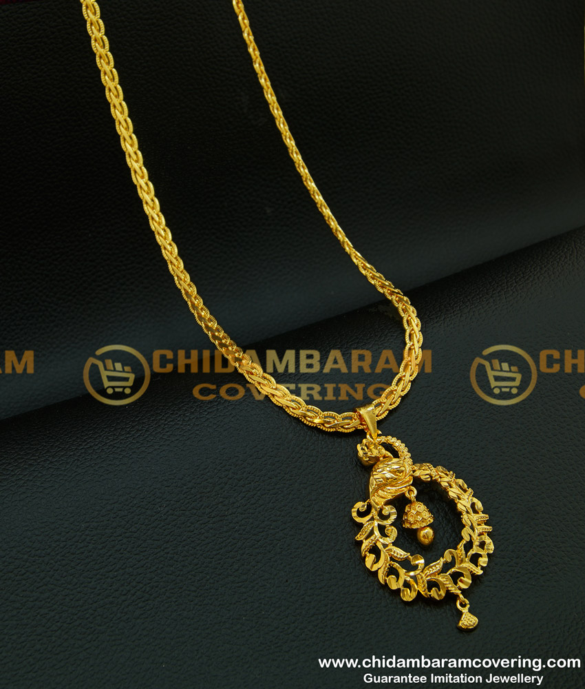 DCHN098 - Unique Peacock Design Party Wear Plain Gold Pendant Design with Long Chain Buy Online