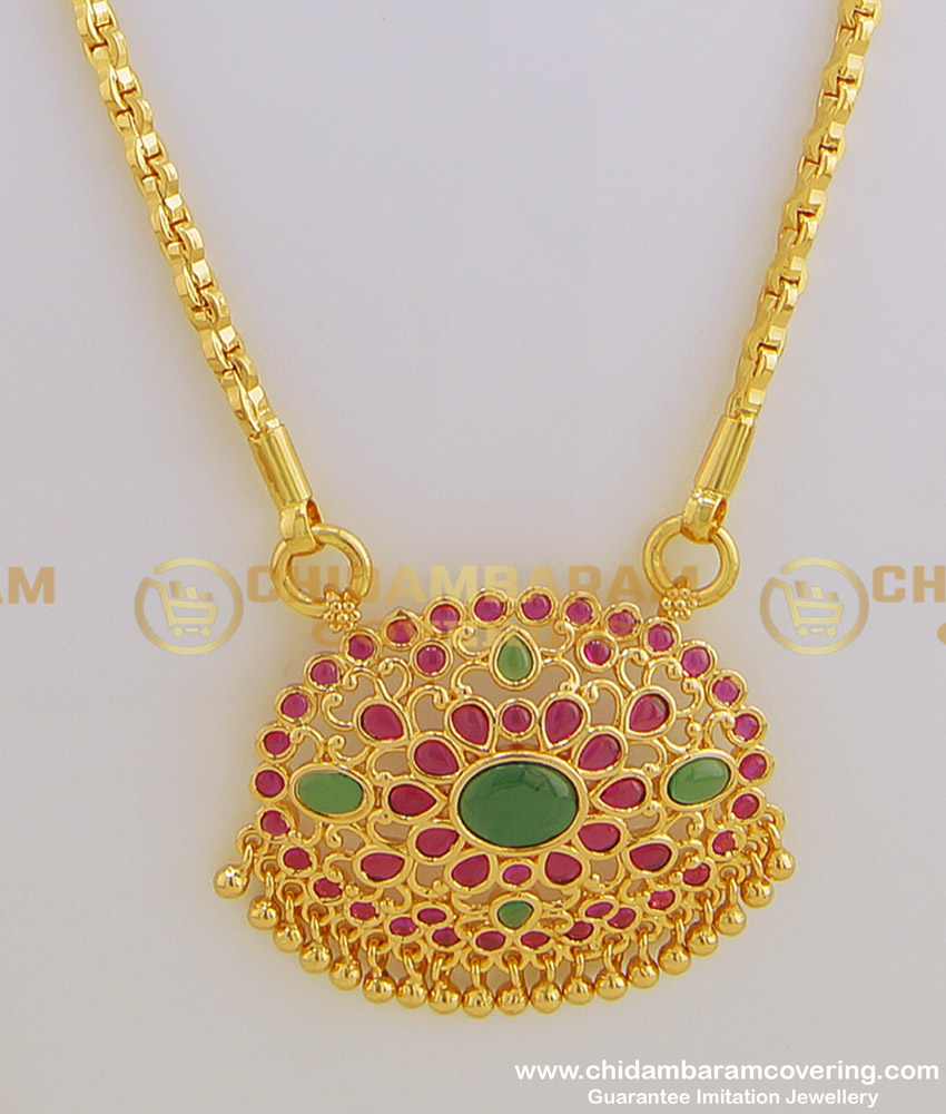 DCHN116 - New Party One Gram Gold Plated Kemp Stone Designer Pendant Design with Long Chain for Female