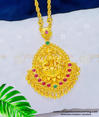DCHN170 - Gold Design Ruby Emerald Stone Lakshmi Dollar With 24 Inches Chain Online