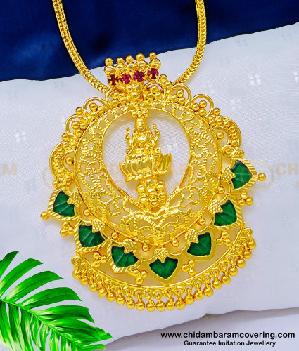 DCHN177 - Trendy Gold Covering Lakshmi Design Green Palakka Big Dollar with Long Chain