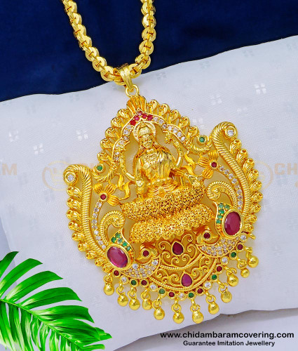 DCHN180 - New Arrival Pure Gold Plated Ad Stone Lakshmi Big Dollar With 24 Inches Chain Online
