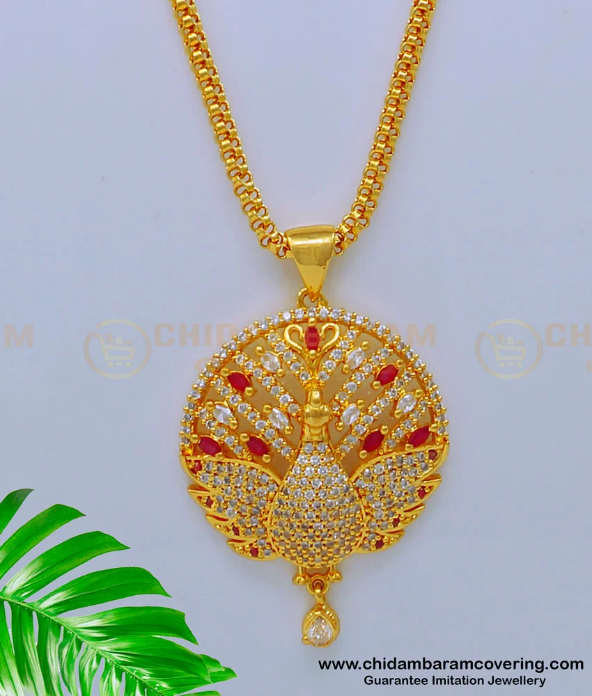 Buy American Diamond Stone Peacock Gold Pendant with Long Chain