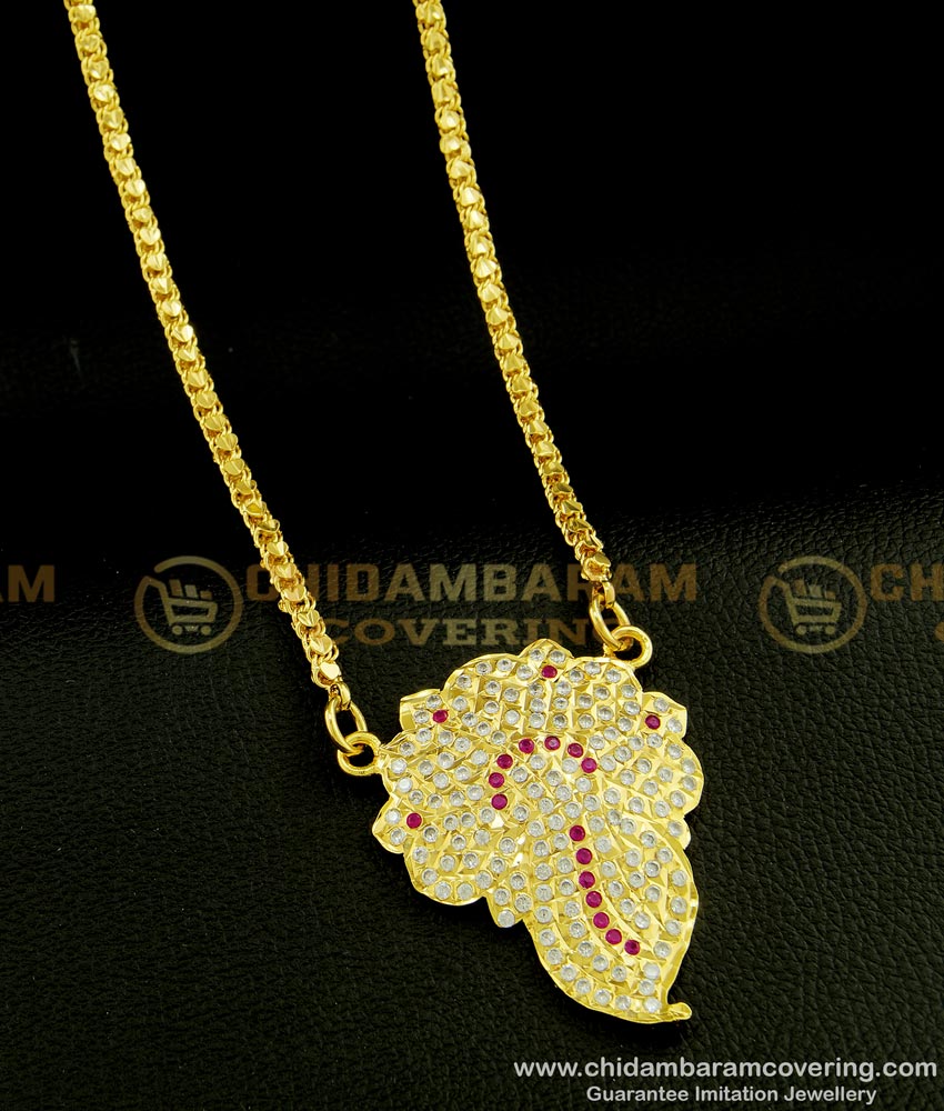 DLR082 - Impon Pendant Beautiful Party Wear Floral Design White Stone Impon Dollar Chain for Women