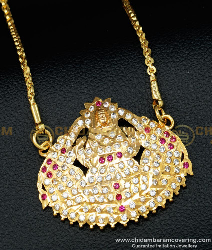 DLR091 - Thick Metal Gold Colour Ad Stone Ruby and White Stone Gajalakshmi Pendant With Chain Design Online