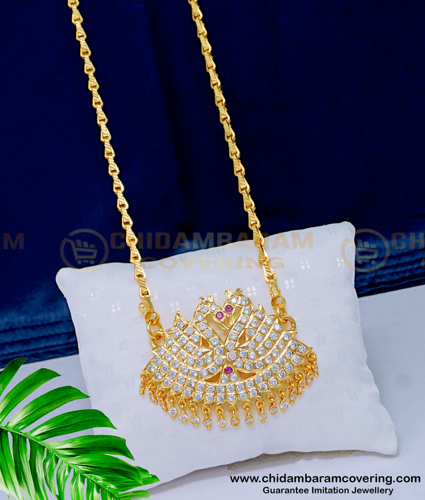 DLR138 - Traditional Impon Gold Swan Design Stone Dollar With 24 Inches Long Chain Gold Plated Jewellery