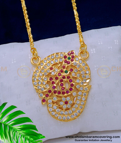 DLR167 - Impon Gold Plated Jewellery White and Ruby Stone Tamil Om Dollar Chain Online