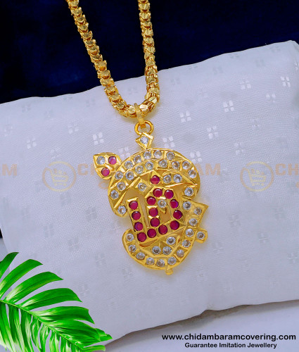 DLR168 - Panchaloha White and Ruby Stone Om Vel Pendant Gold Design With Long Chain for Ladies