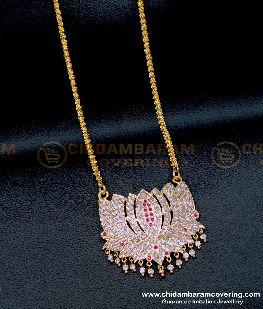 Impon White and Ruby Stone Big Lotus Design Dollar Chain for Ladies