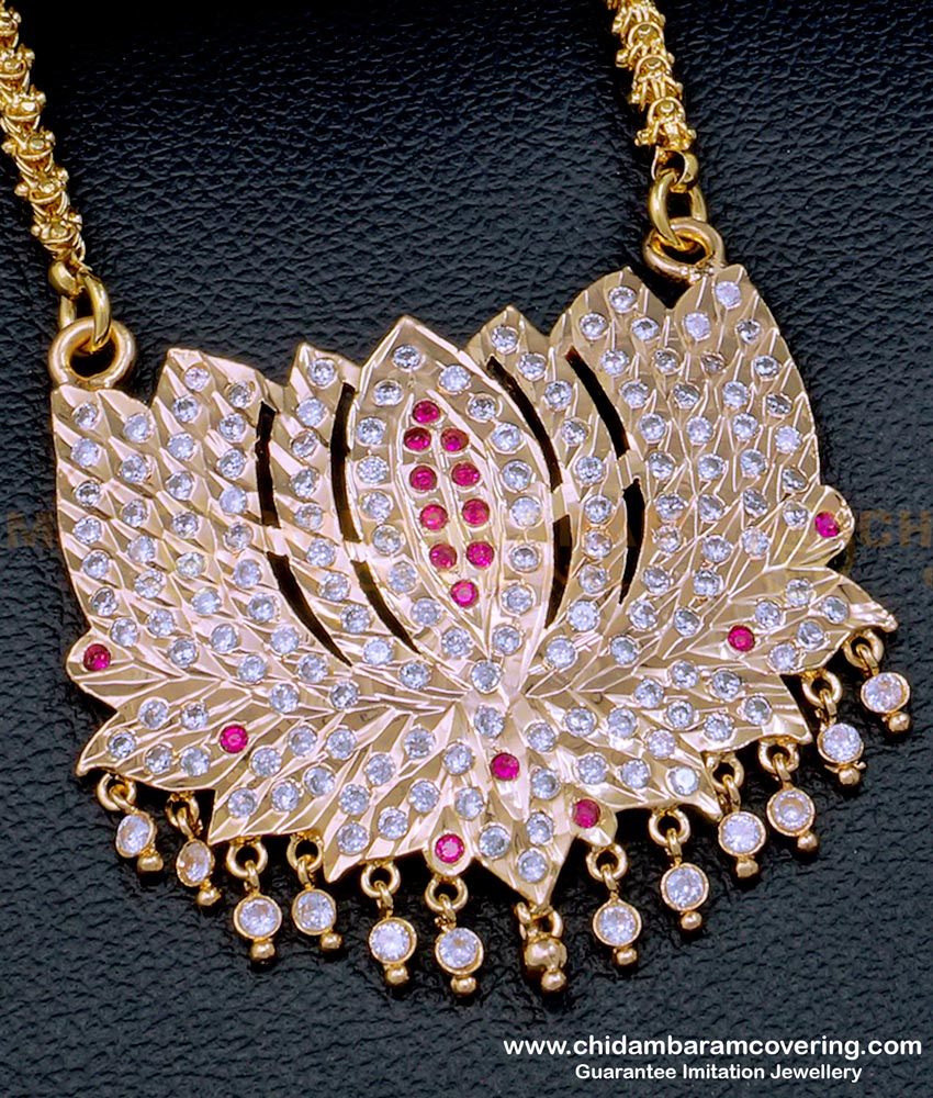 Impon White and Ruby Stone Big Lotus Design Dollar Chain for Ladies