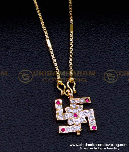 DLR193 - Impon Daily Use Stone Swastik Pendant Long Chain Design 